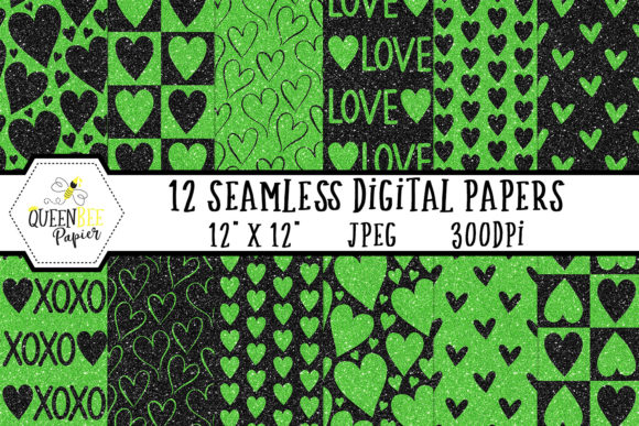 Black Green Glitter Heart Digital Paper