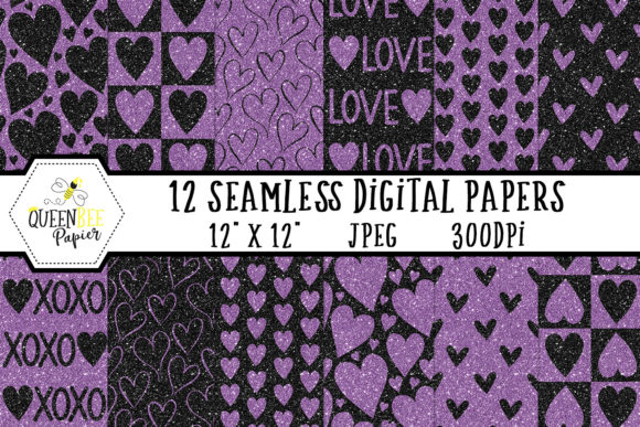 Black Purple Glitter Heart Digital Paper