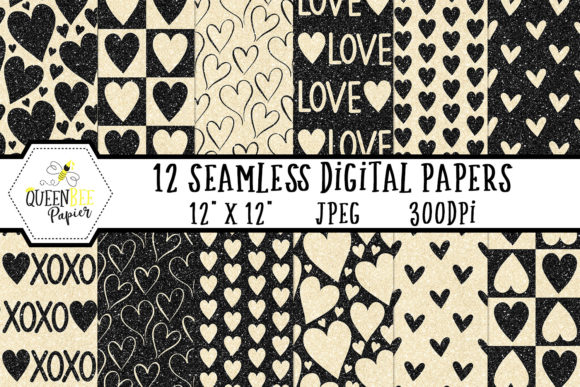 Gold Black Glitter Heart Digital Paper for Creative Projects